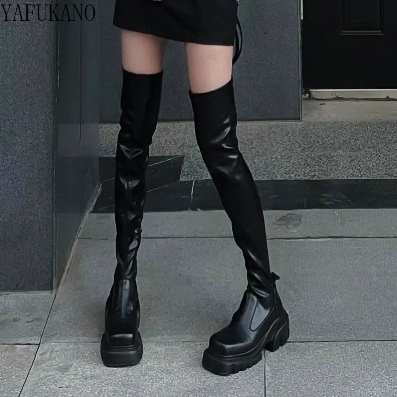 

Black Single Boot Autumn New Long Boots High Heeled Shoes Knight High Boots Thick Soled Platform Elastic Over-the-Knee Boots 6Cm