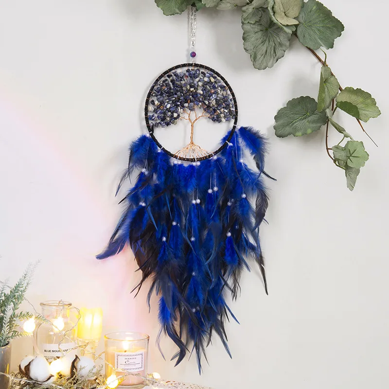 

Large Dream Catcher Tree of Life Blue Crystal Dreamcatcher Handmade Feather Ornament Wall Decor For Bedroom Gift