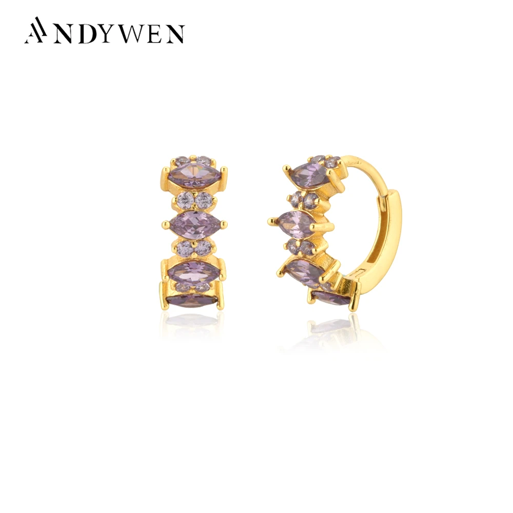 

ANDYWEN 925 Sterling Silver Gold White Purple Zircon Pave Huggies Piercing Women Crystal Spain Styles Jewelry Crystal Clips