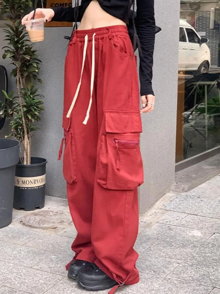 

Новинка лета 2023, Женские рабочие брюки в американском стиле, практичные ретро брюки с завышенной талией, прямыми широкими штанинами и кулиской