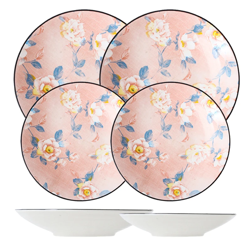 

4 Pieces Deep Plate Set Ldyllic Style Lovers Ceramics Pink Camellia Relief Salad Romantic Wedding Porcelain Tableware CZY-BS4008