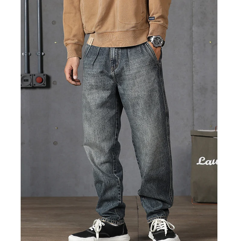 Men Clothing New Pattern Recreational Vintage Nostalgia Blue Jeans Straight Cylinder Loose Street Trousers Autumn Female Sex