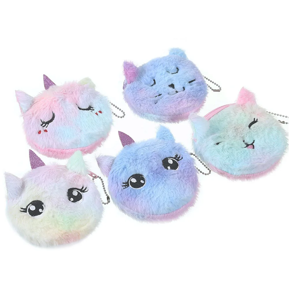 

Cute Cartoon Plush Unicorn Coin Purse Cat Fur Circle Wallet Girl Clutch Embroidered Bag Key Earphone Organizer Bags Kids Gift