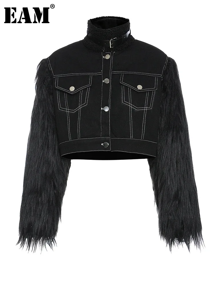 

[EAM] Свободная Черная куртка с деним с мехом, Новая женская куртка с воротником-стойкой и длинным рукавом, модная весенне-осенняя 2023 1DF5212