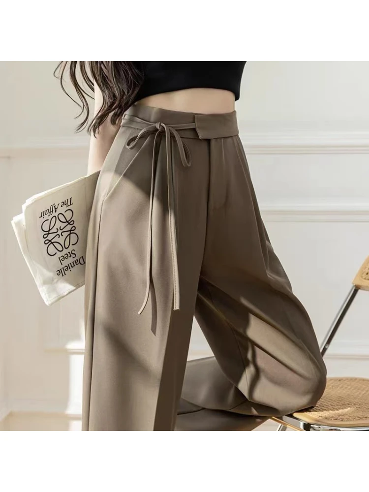 

Drooping Wide-leg Lace-up Suit Pants Women's Summer Straight Loose Design Sense Niche Waist Casual Mopping Pants Female Trousers