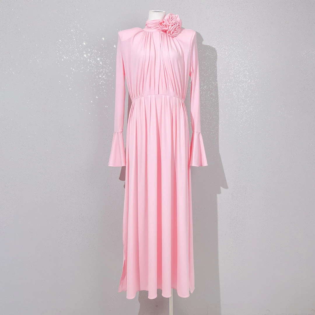 2023 New Women Vintage Rose Flower Pad Shoulder maxi dress Flared Sleeve Detachable Women Pleated Long Pink Dress