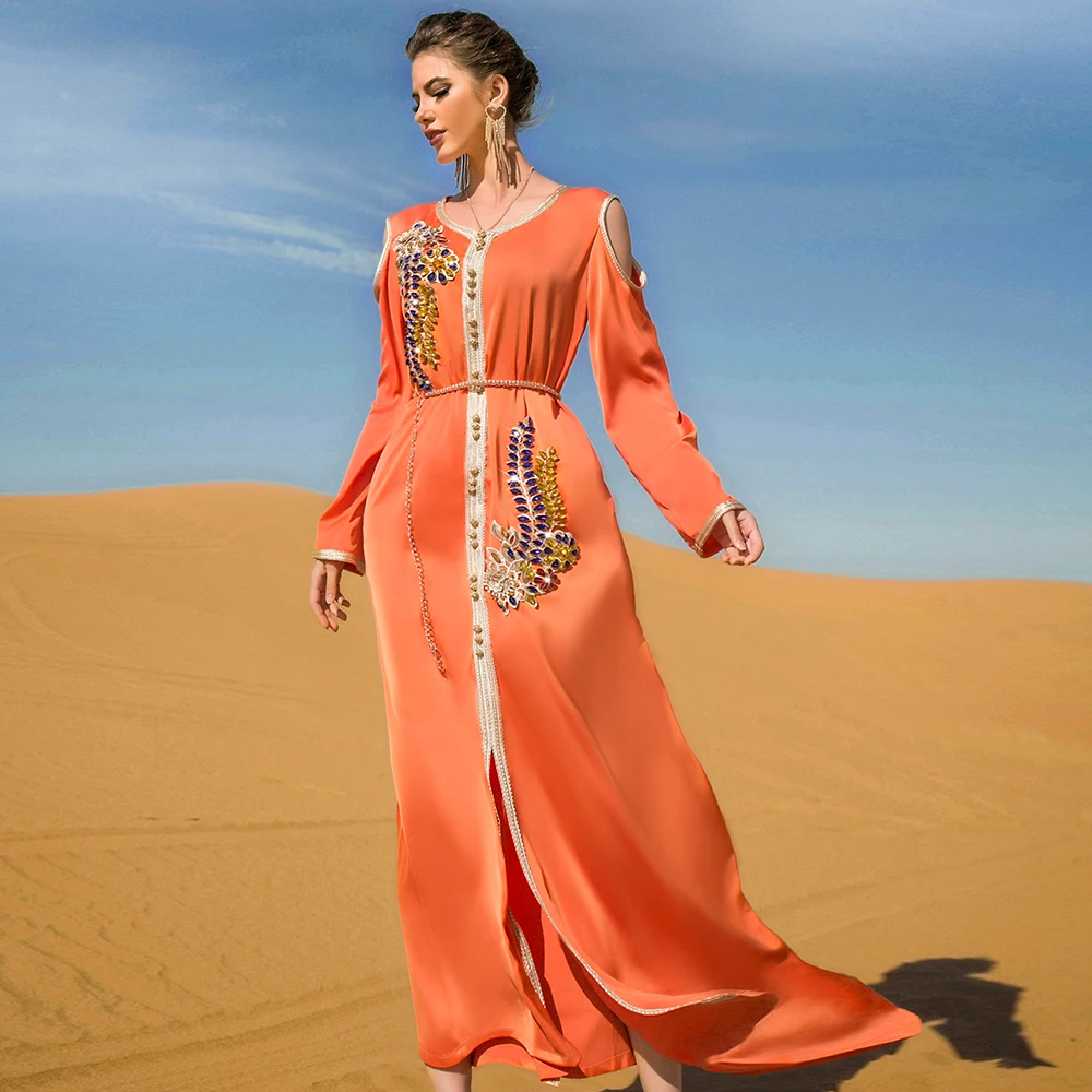 New Style Arabian Robe Orange Luxury Long Abaya Caftan Dress with Belt for Socialite Party