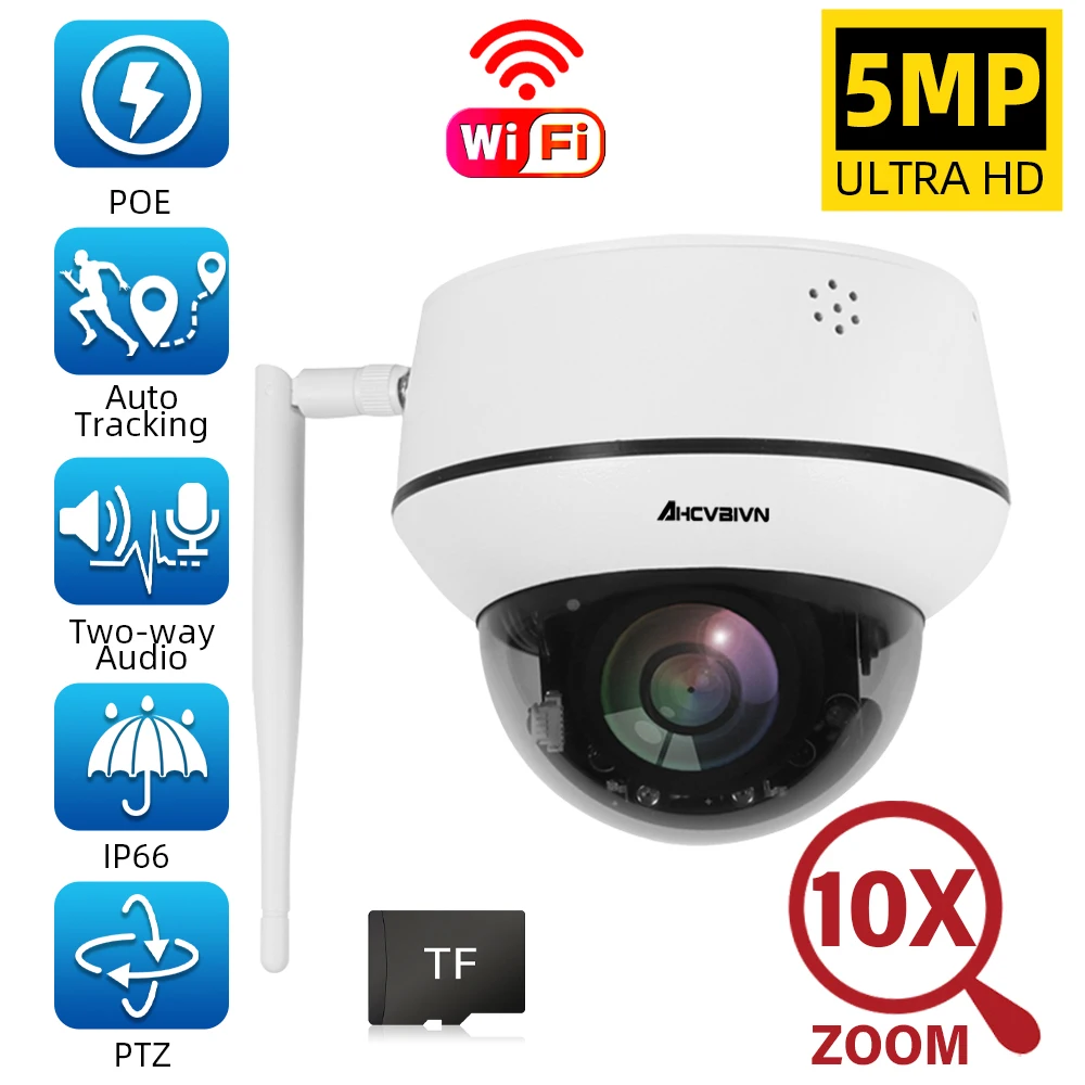 

5MP Wifi Dome PTZ Camera Outdoor 10X Optical Zoom Humanoid Tracking Two-way Audio POE IP Camera Security Video Surveillance Cam