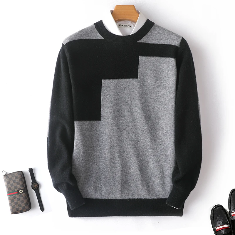 100%  Wool Sweater Men  Pullover Fashion Patchwork Vintage Top Autumn Winter Large Size Men's Cashmere Sweater