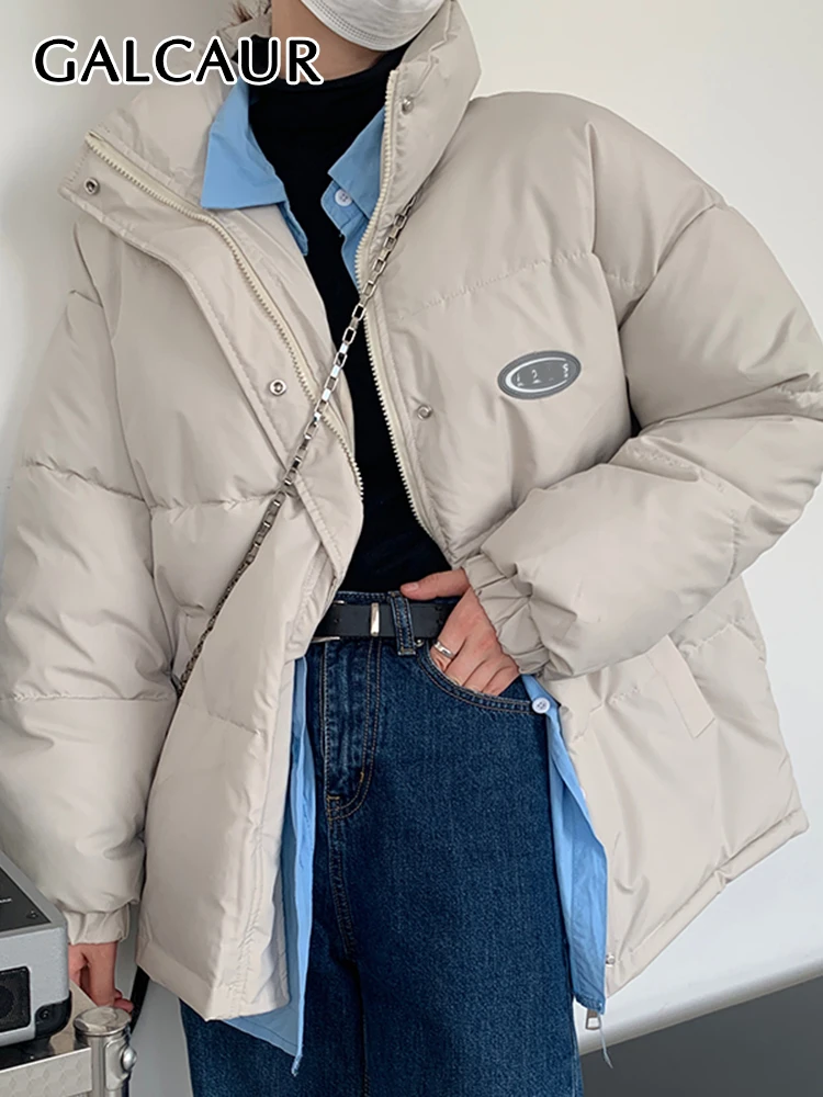 

GALCAUR Solid Parkas For Women Stand Collar Long Sleeve Patchwork Single Breasted Casual Loose Parka Female Autumn Fashion 2022