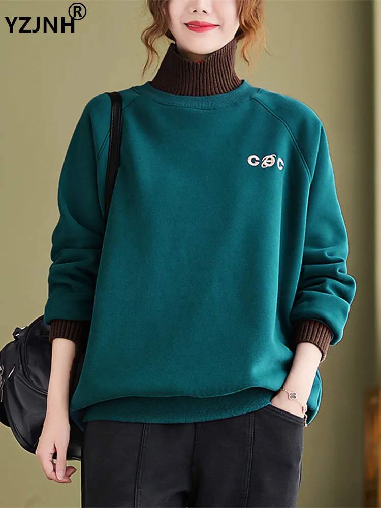 

YZJNH 2023 Winter Hoodies Women's Korean Loose High Neck Plush Thickened Sweater Female Letter Embroidery Fake Two Piece Knitted