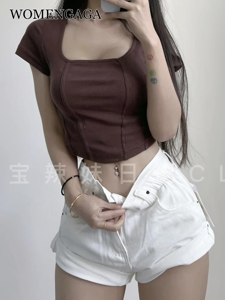 

Футболка женская приталенная с коротким рукавом и квадратным вырезом, в Корейском стиле