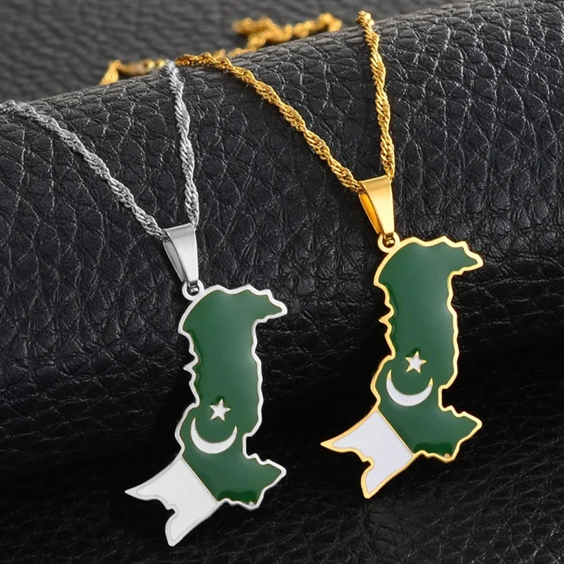 Pakistan Map Flag Pendant Necklaces Stainless Steel Pakistani Ethnic Jewelry