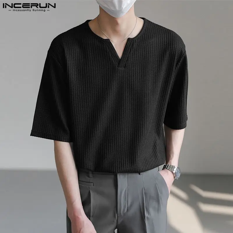 

INCERUN Tops 2023 Korean Style New Men's Small V-neck Design T-shirts Casual Fashionable Male Solid Short Sleeved Camiseta S-5XL