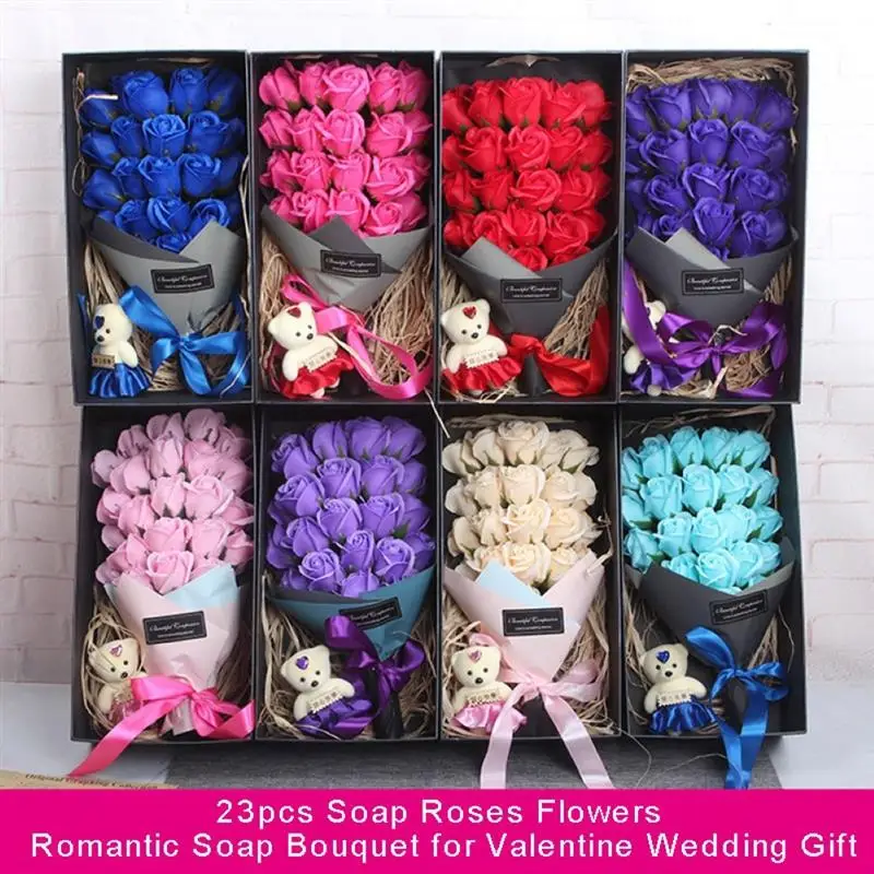 

23pcs Rose Flowers Soap Roses Scented Flowers Romantic Bouquet With Bear Doll Beauty Soap For Valentine Wedding Birthday Gift