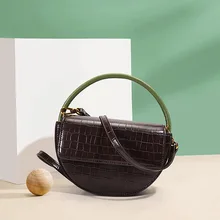 Womens Shoulder Bags 2022 Genuine Leather Handbag Female Shopper Purses Fashion Contrasting Colors Crocodile Pattern Round Bags
