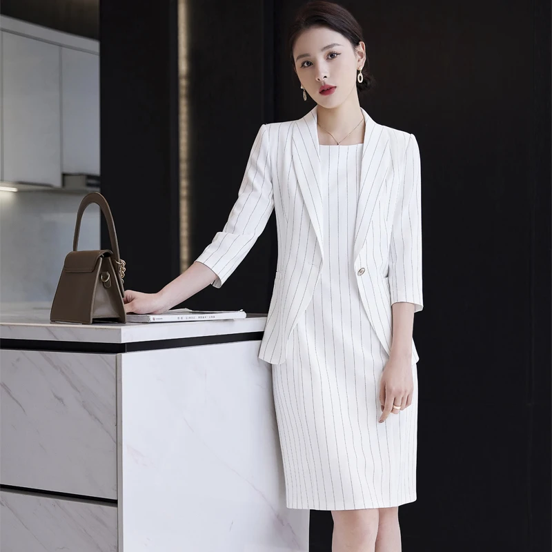 Striped Overalls Dress spring 7 / 4 sleeve Royal sister early autumn fashion professional high sense suit commuter suit