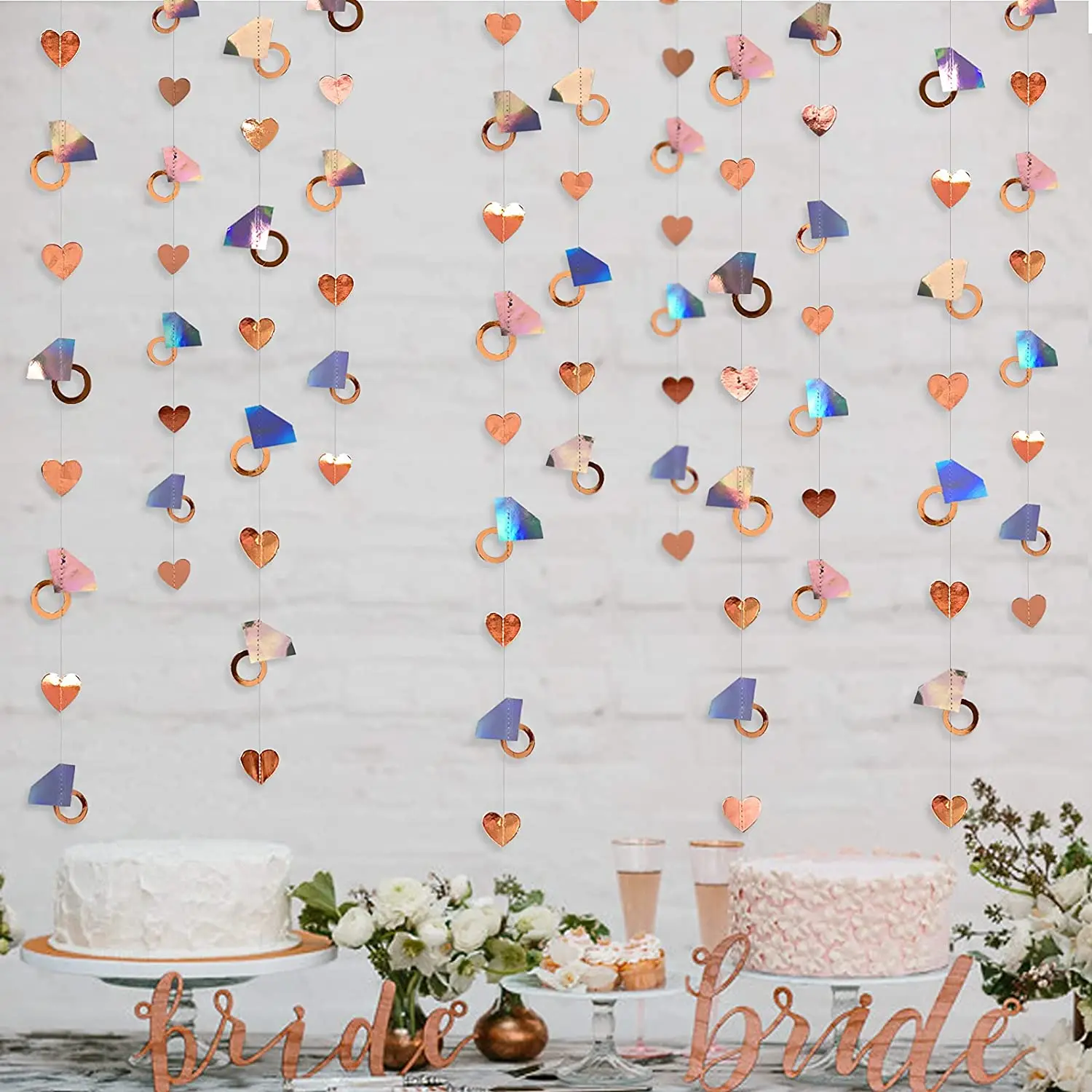

Iridescent Rose Gold Wedding Paper Diamond Ring Heart Garlands Streamers Hanging for Anniversary Bridal Shower Party Decorations