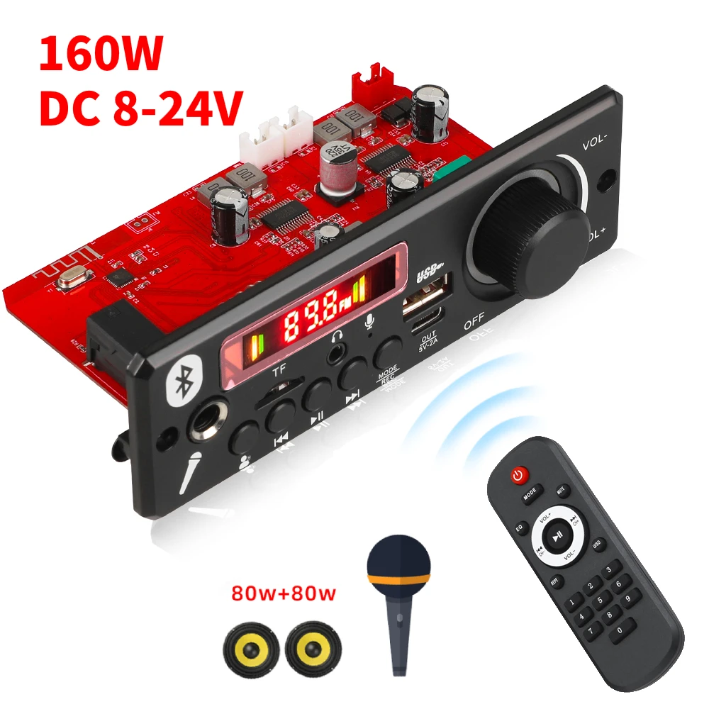 2*80W Amplifier 8-24V 160W Bluetooth MP3 Decoder Board DIY Car MP3 Player Calling Recording FM Audio TF USB Mic 3.5mm AUX Module