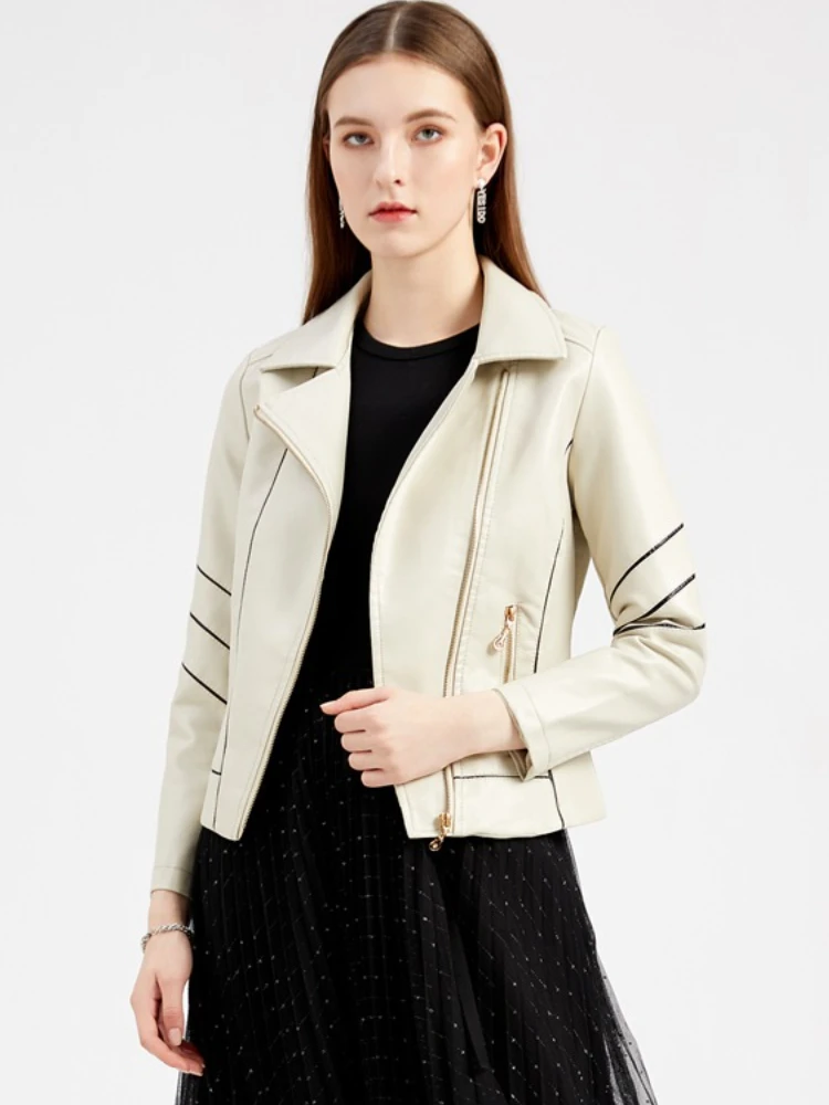 Ladies Thin PU Leather Short Jackets for Women 2022 Autumn Fashion Turn Down Collar Zipper Jacket Casual Motorcycle Clothing