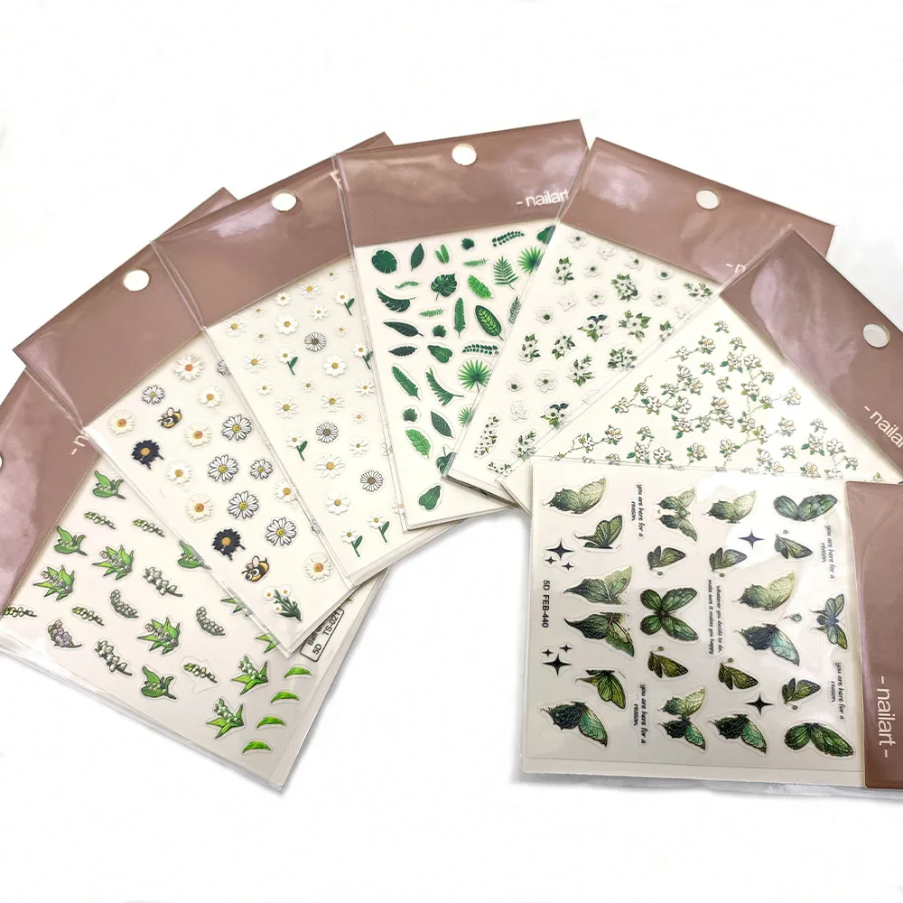 

Nail Art Stickers 7Sheets/Set Green Ieaves Fresh Small Flowers Daisies Cute Iittle Bees Green Butterfly Stickers Nail Decoration