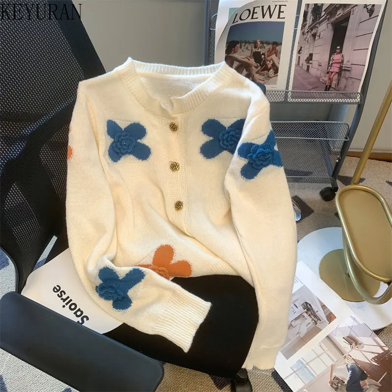 

Новинка весны 2023, укороченный вязаный кардиган, свитер, Женский винтажный Белый Трикотажный свитер с длинным рукавом и трехмерным фотоэлементом, топы