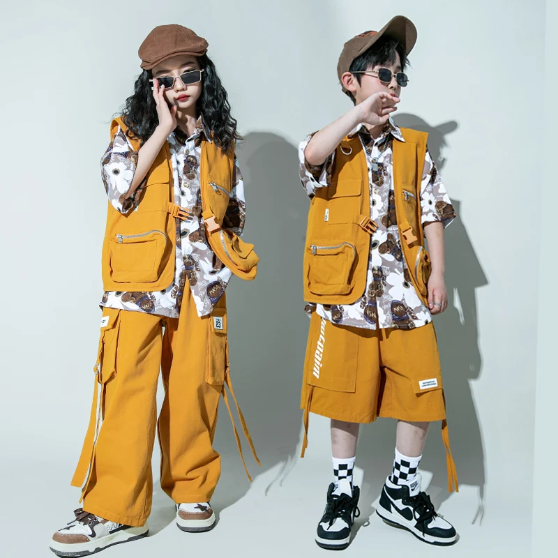 

Kids Hip Hop Clothing Jacket Vest Print Shirt Tops Streetwear Dance Cargo Pants Shorts for Girl Boy Jazz Dance Costumes Clothes