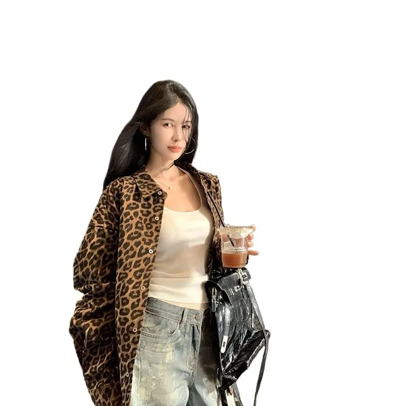 Plus Size American vintage Leopard Collar Shirts Outerwear Women Early Autumn Design Loose Mid-Length Casual Lazy Top