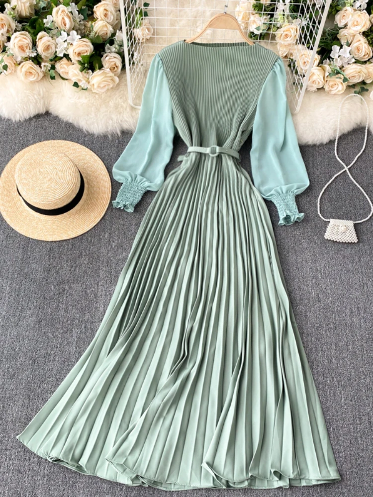 

New 2021 Women Elegant Maxi Dress Spring Summer Patchwork Puff Long Sleeve Pleated Muslim Long Dresses Ladies Party Dress