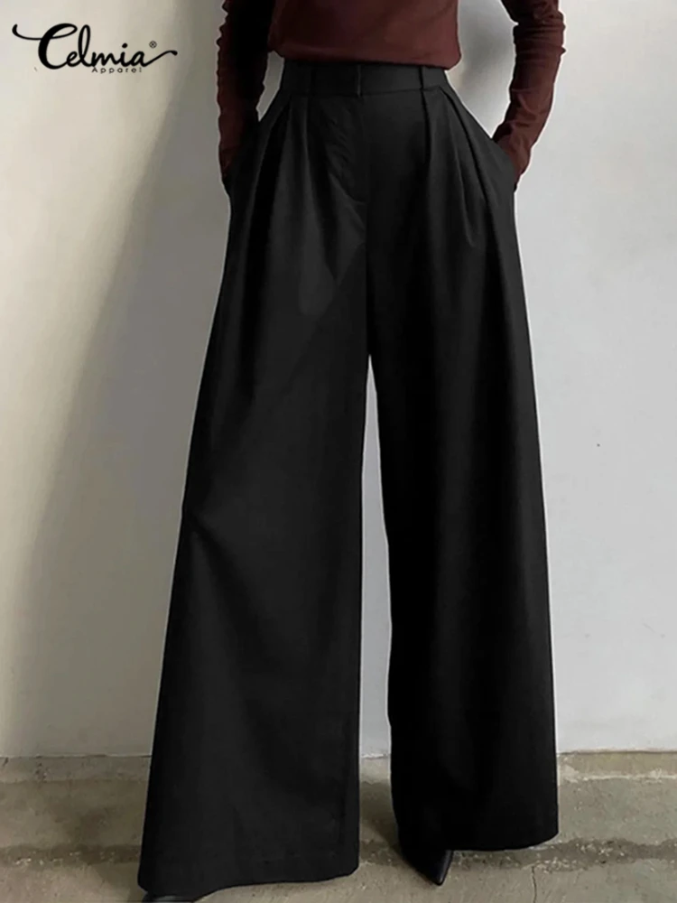 

Celmia Women Wide Leg Pants Casual Loose Elastic Waist Long Trousers 2023 Fashion Office Lady Solid Color Pantalon Oversized