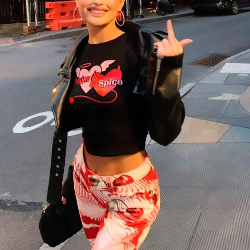

Y2k Print Cartoon T-Shirt Summer Emo Girl Crop Tops Slim 2000s Fair Grunge Street Dress Harajuku Goth Cute Short Sleeve T-Shirt