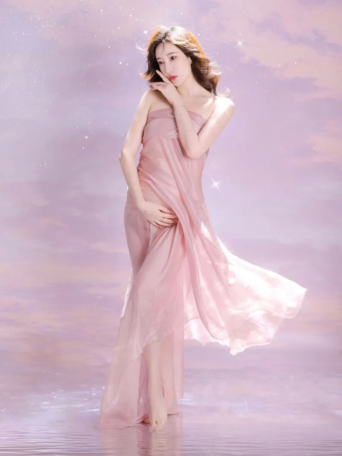 Dvotinst Women Photography Props Maternity Pink Silk Cloth 150x300cm Pregnancy Elegant Satin Clothing Studio Shooting Photo Prop enlarge