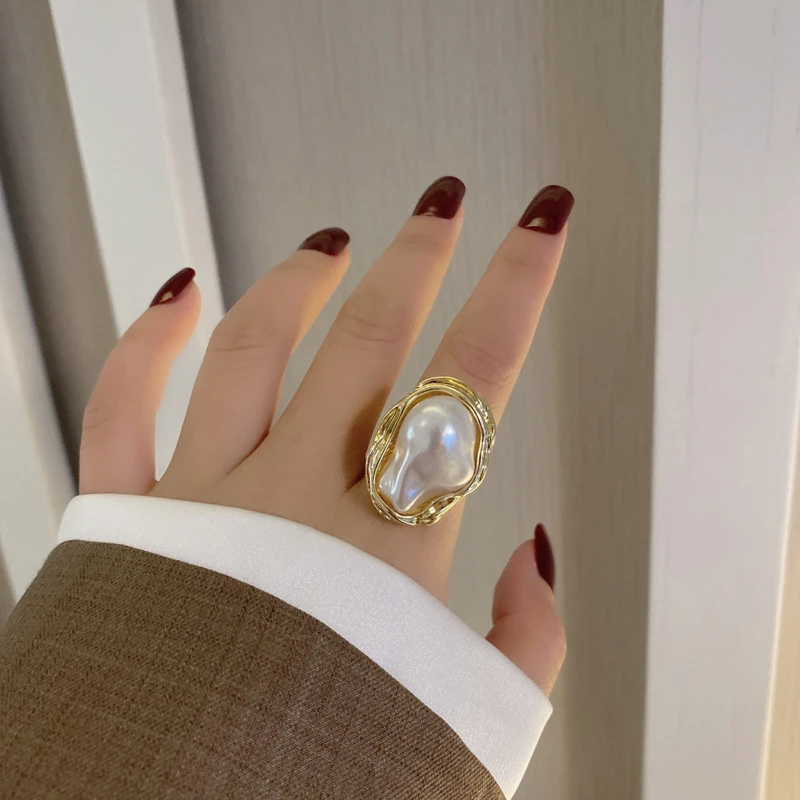 

Fashion Geometrical Irregular Baroque Pearl Ring for Women Vintage Open Adjustable Index Finger Rings Party Jewelry