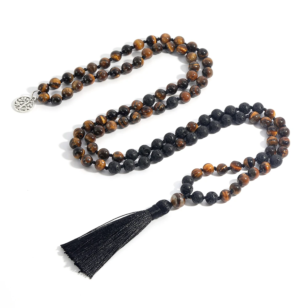 OAIITE натуральный желтый тигровый глаз и черный лавовый бисер 108 ожерелье Мала для