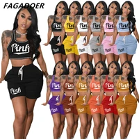 fagadoer summer women pink letter print sleeveless crop toppencil shorts suit two piece set tracksuits outfit sporty streetwear