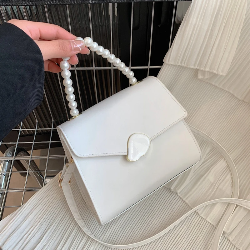 

Fashion Ladies Solid Color PU Leather High Quality One Shoulder Crossbody Bag Women Pearl Top Handle Small Tote Wallet