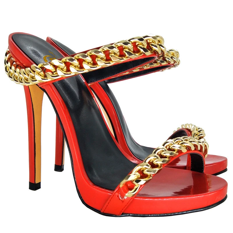 2021 Women's Sandals Fashion Chain Sexy Open Toe Shoes Stiletto Sandals Fashion Beautiful Mature Red Shoes Female Party Shoes