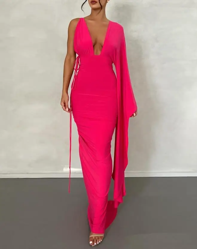 

2023 New Women's Wear Hot Sale Solid Color Casual Asymmetric Collar Open Back Casual Evening Dress