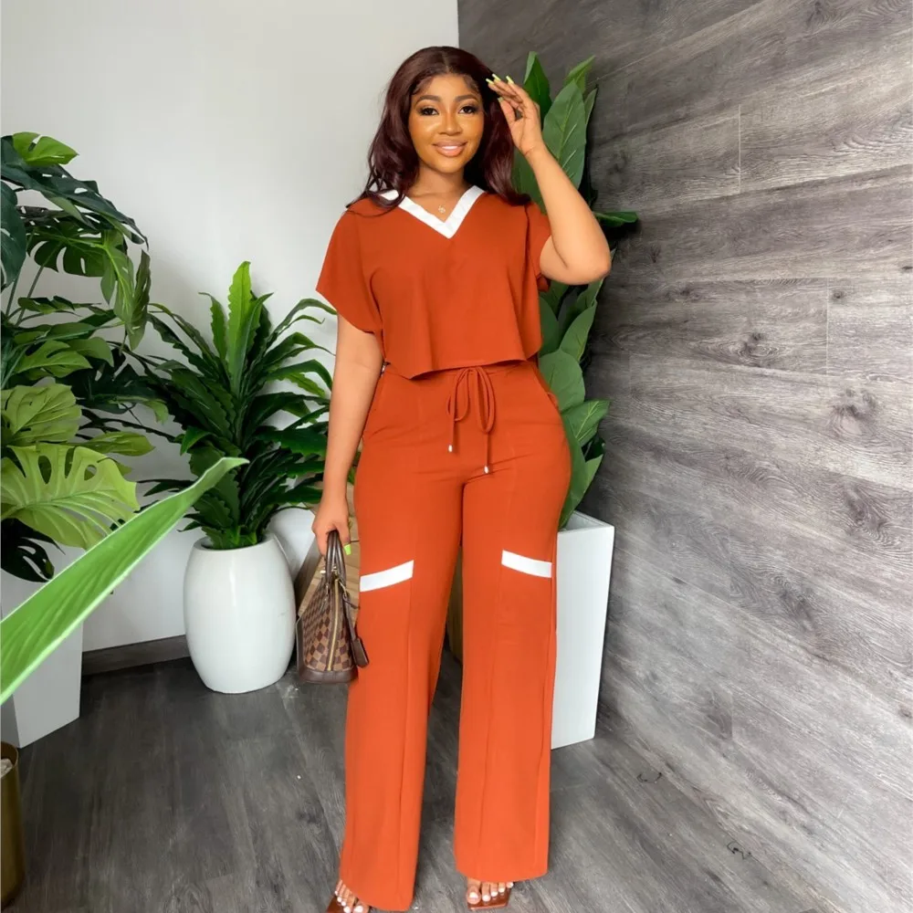 

Женский Повседневный костюм из двух предметов, Однотонная футболка с коротким рукавом и V-образным вырезом и брюки, простой спортивный костюм, лето-осень 2023