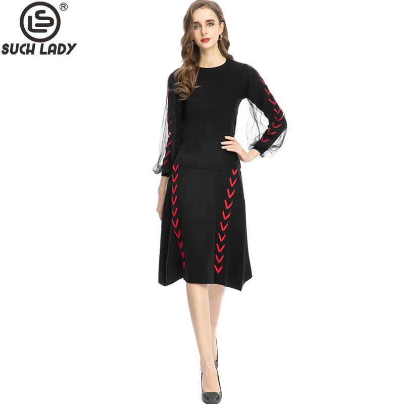 Women's Runway Two Piece Dress O Neck Long Sleeves Short Blouse with Skirts Braided Knitted Fashion Twinsets