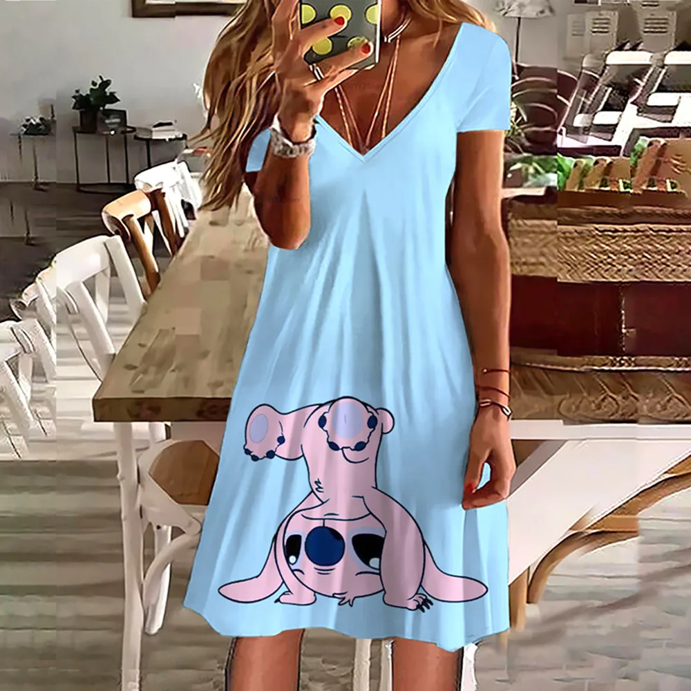 

Disney Stitch Women Dress 3D Dyed Print Fashion Short Sleeve Summer Casual Sexy Dress Loose Kawaii Dress Harajuku Style Design