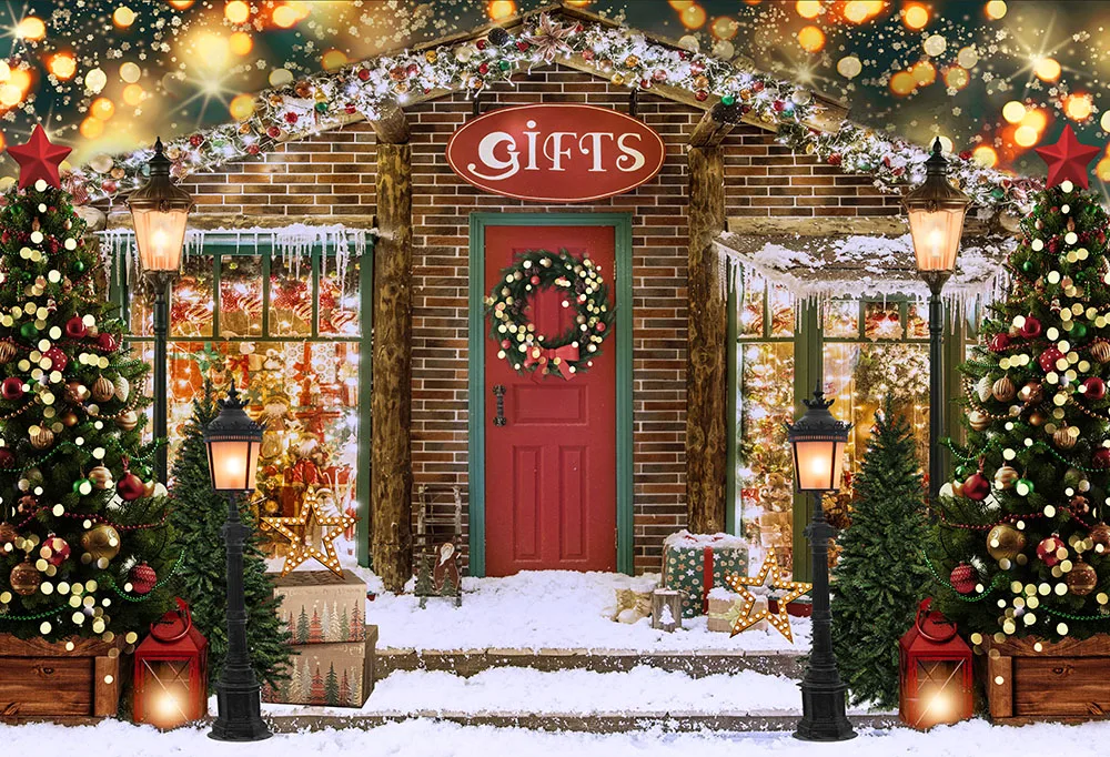 

7x5FT Outside House Christmas Tree Gifts Garland Door Snowy Yard Custom Photo Studio Backdrop Background Vinyl 220cm X 150cm