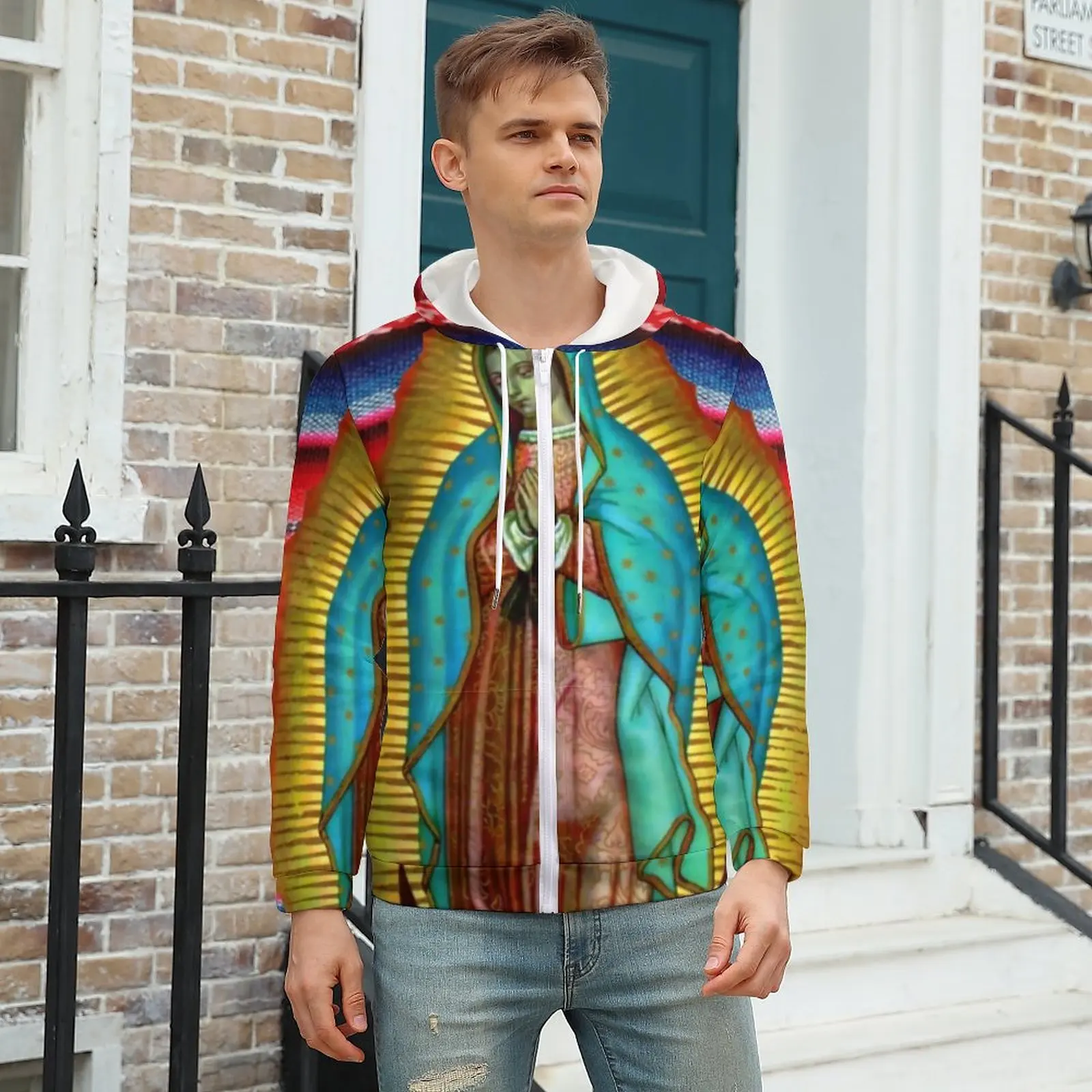 

Virgin Mary Hoodie Our Lady of Guadalupe Warm Hoodies Popular Men Zip Up Hoodie Men Over Size
