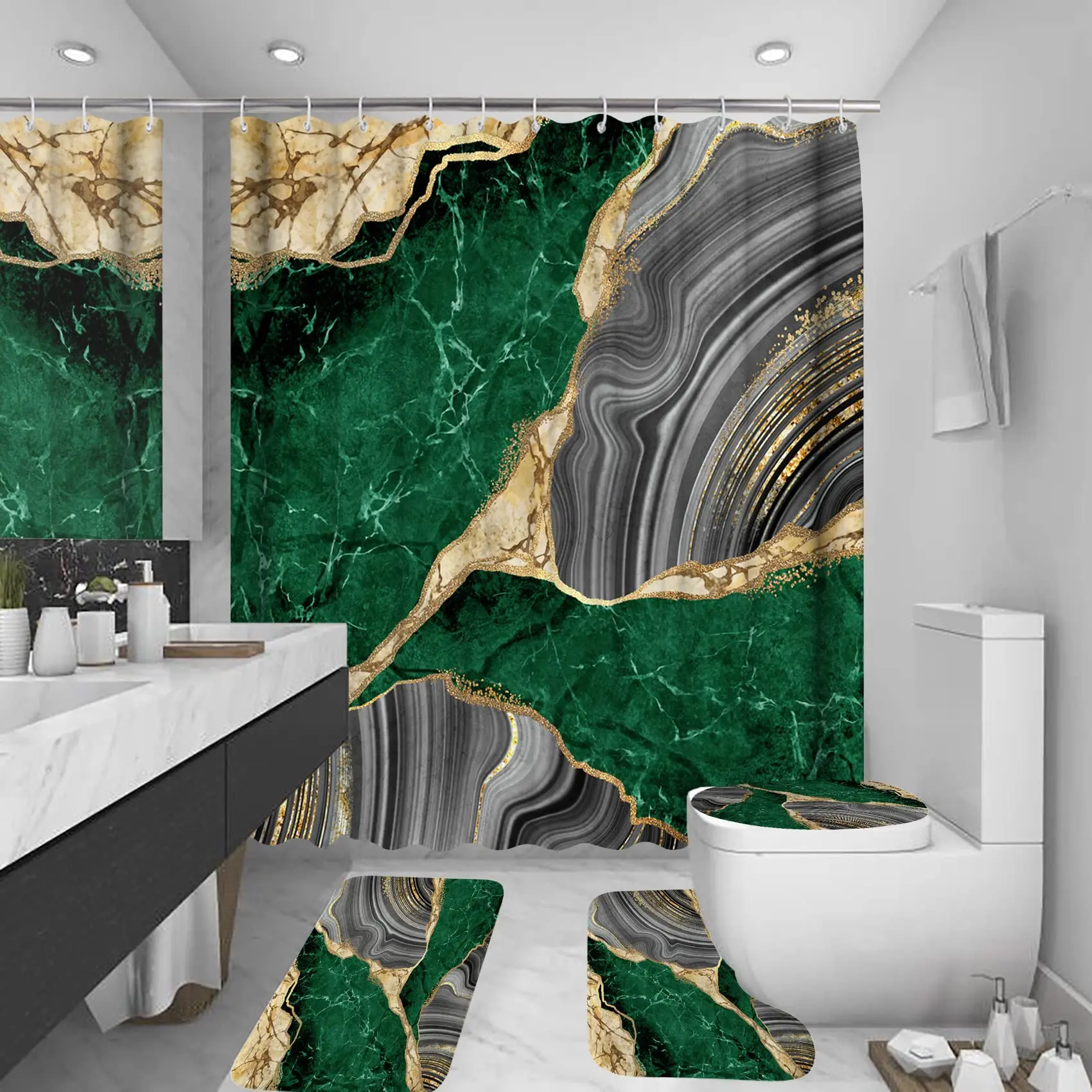 

4Pcs Marble Shower Curtain Set Bathroom Decor Sets Luxury Water Proof Shower Curtain Bath Mat Toilet Lid Rug Non-Slip Home Decor