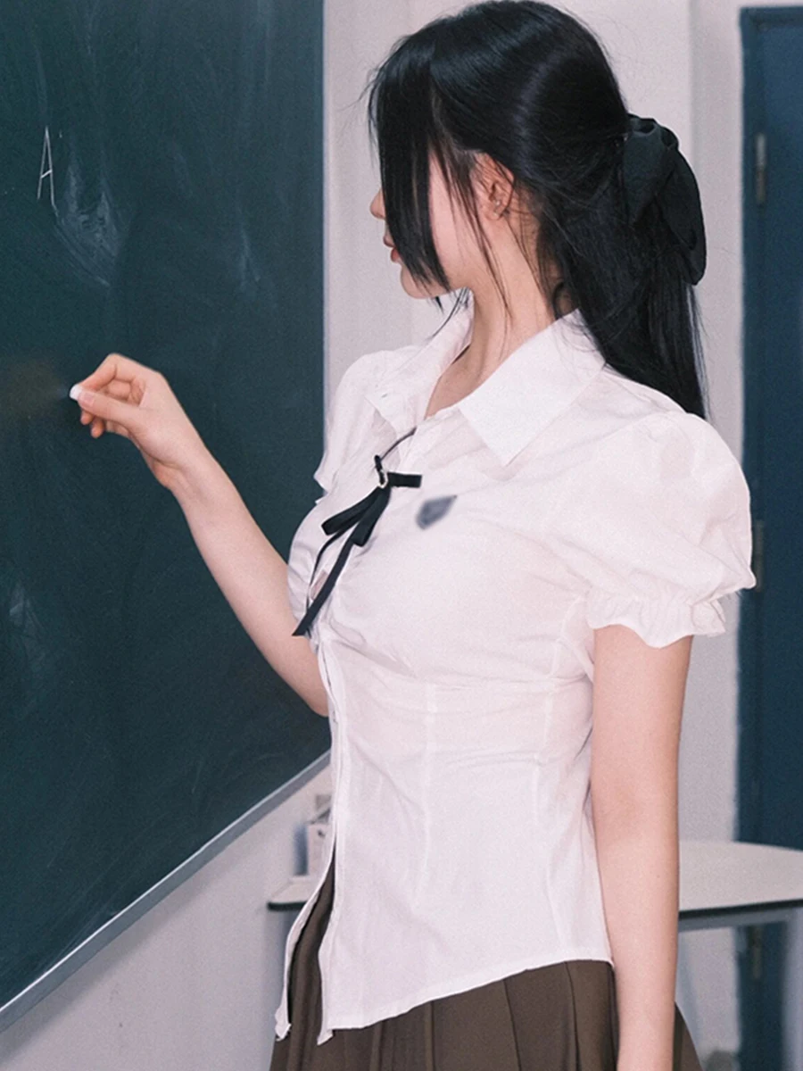 Рубашки Jk Uniform Pure Desire в стиле преппи с пышными рукавами женские летние облегающие