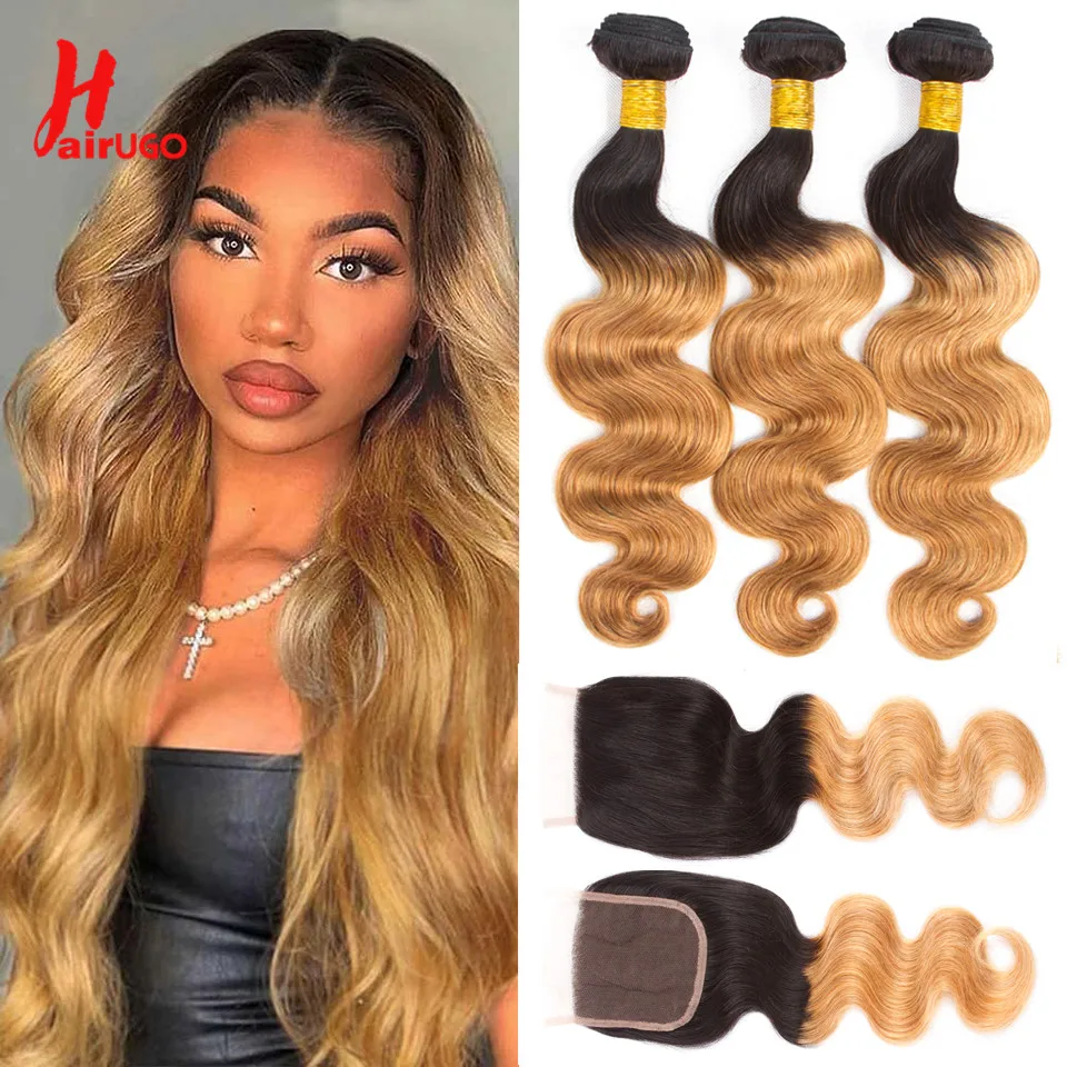 HairUGo Brazilian Body wave Hair Bundles With Closure 1B/27 Ombre Honey Blonde Human Hair Bundles With Closure Remy Hair Weaving