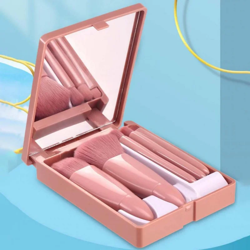 

5pcs/set Pink Travel size short handle Make Up Brush Kit Powder Foundation Plastic case with mirror Portable Makeup Brushes set