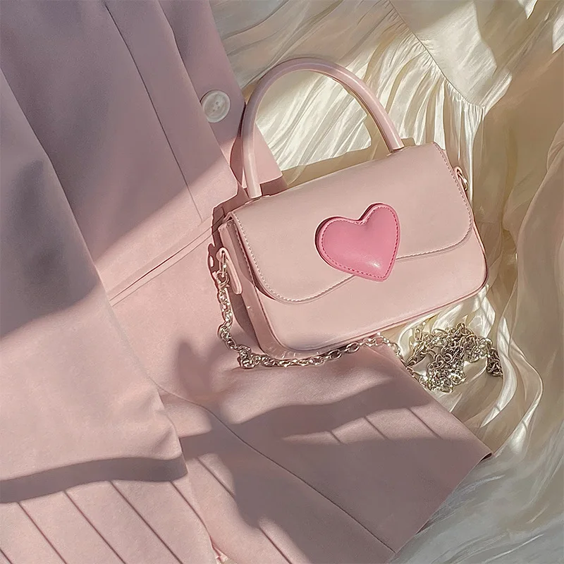 

Pink Heart Girly Small Square Shoulder Bag Fashion Love Women Tote Purse Handbags Female Chain Top Handle Messenger Bags Gift