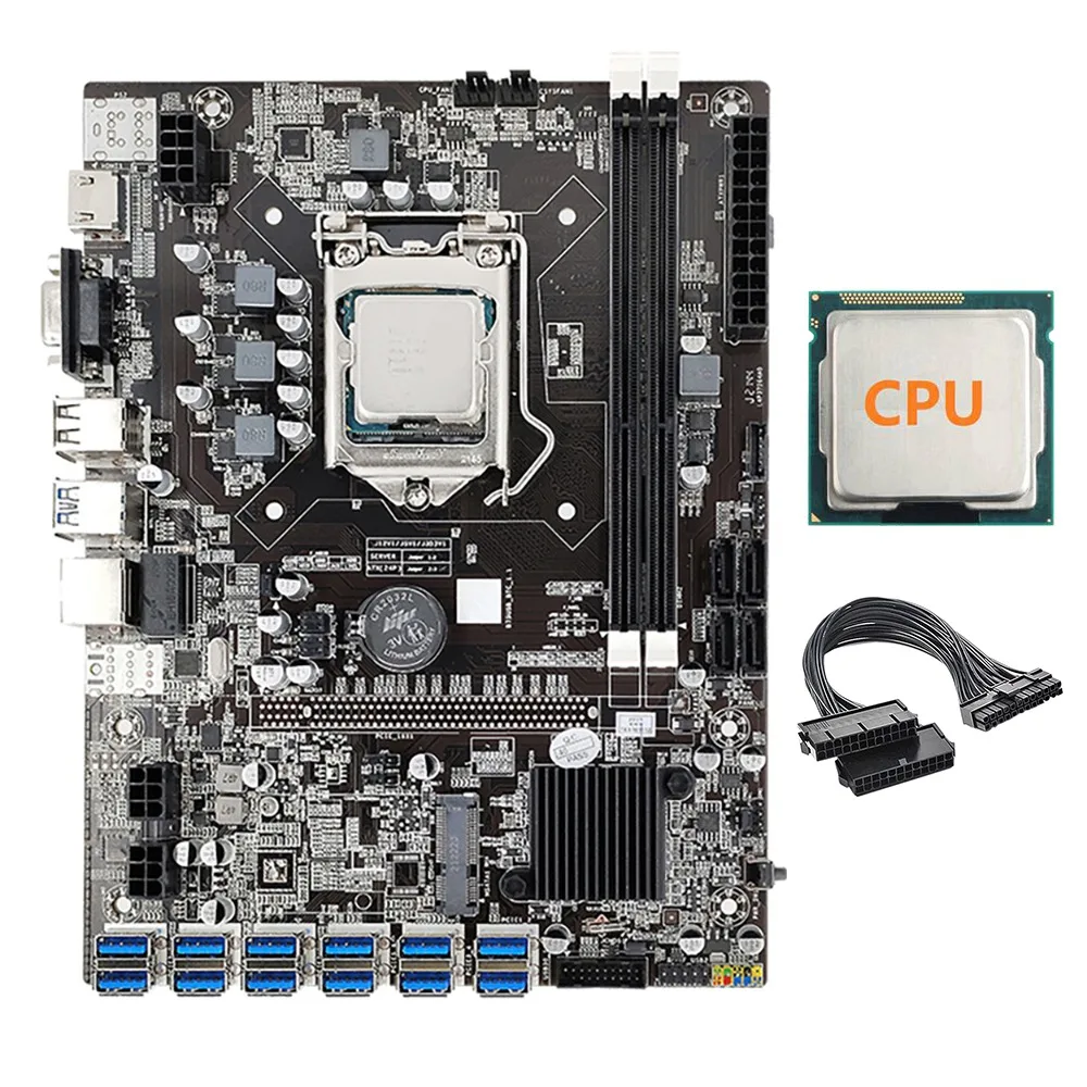 B75 12 Card Mining Motherboard+CPU+24Pin Dual-Boot Power Cord for BTC/ETH 12 USB3.0 GPU Slot LGA1155 DDR3 RAM SATA3.0