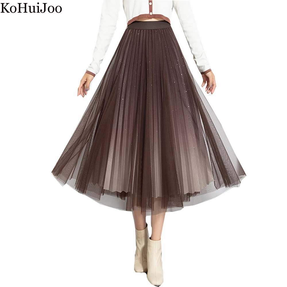 

KoHuiJoo Patchwork Mash Skirt Women Elastic Waist Gradient Fashion A Line High Waist Pleated Skirt Long Skirts Elegance Korean